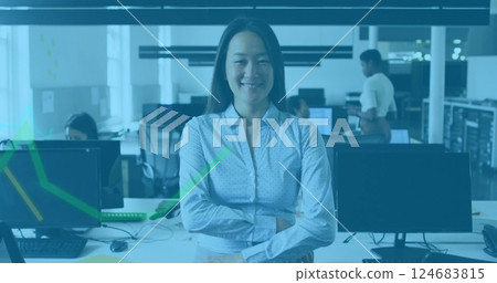 Image of financial data processing over portrait of asian businesswoman 124683815