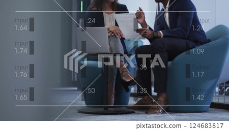 Image of financial data processing over diverse business people in office 124683817