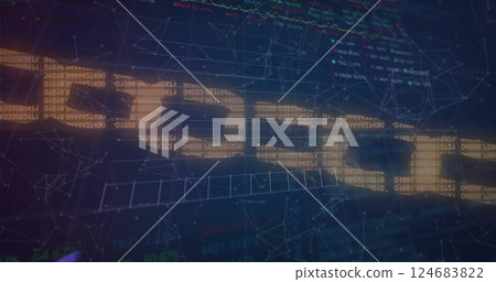 Image of chain and data processing over black background Image of chain and data processing over black background 124683822