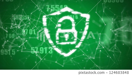 Image of network of connections with icons over data processing and padlock Image of network of connections with icons over data processing and padlock 124683848