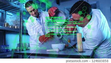 Image of scientific data processing over diverse scientists in laboratory Image of scientific data processing over diverse scientists in laboratory 124683858