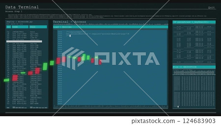 Image of financial data processing over screens on black background 124683903