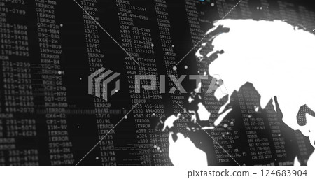 Image of financial data processing over globe on black background Image of financial data processing over globe on black background 124683904