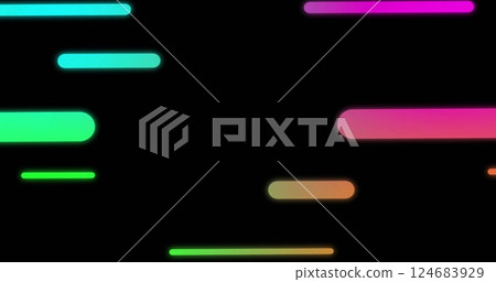Image of vibrant neon lines and shapes moving on black background 124683929