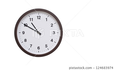 A simple round wall clock with a dark brown frame and a white face displaying 10:50/22:50. Isolated on a white background, perfect for time-related concepts, deadlines, and schedule themes. 124683974
