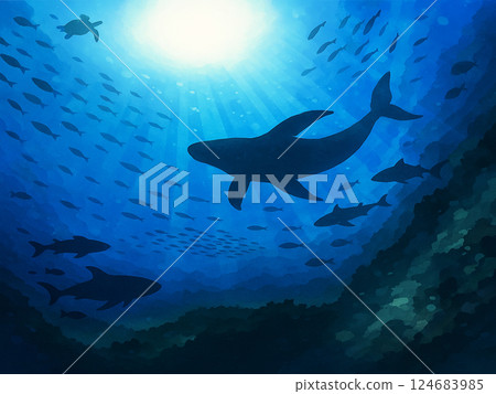 A tranquil underwater scene with whales swimming 124683985