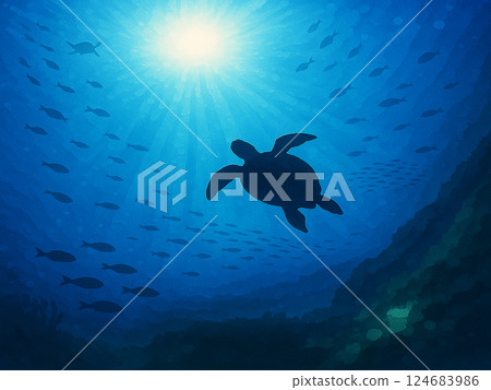 海龜在陽光照射下的海洋中游泳 124683986
