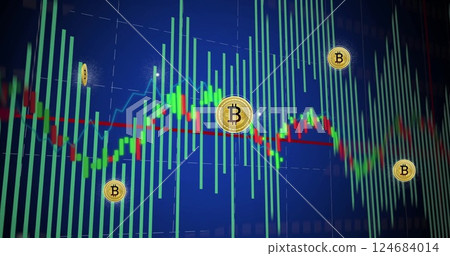 Image of bitcoin signs, digital data processing over screen 124684014