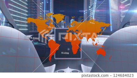 Image of world map and data processing over modern car and city 124684023