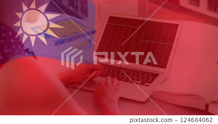 Image of flag of republic of china over caucasian businesswoman using laptop Image of flag of republic of china over caucasian businesswoman using laptop 124684062