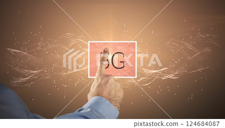 Image of caucasian businessman using screen with 5g text and shapes 124684087