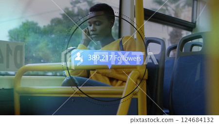 Image of followers growing number over african american woman using smartphone in bus Image of followers growing number over african american woman using smartphone in bus 124684132