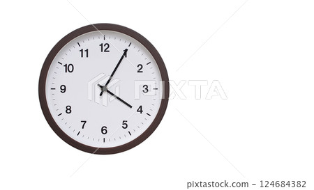 A simple round wall clock with a dark brown frame and a white face displaying 04:05/16:05. Isolated on a white background, perfect for time-related concepts, deadlines, and schedule themes. 124684382