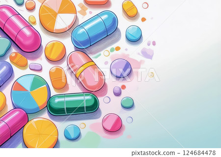 Colorful capsules and pills background 124684478