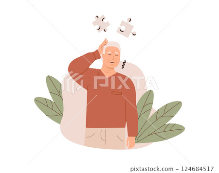 Elderly man experiencing memory loss and confusion, holding his head with a worried expression. Puzzle pieces symbolize cognitive decline. Alzheimer dementia concept. Flat Style Vector Illustration 124684517