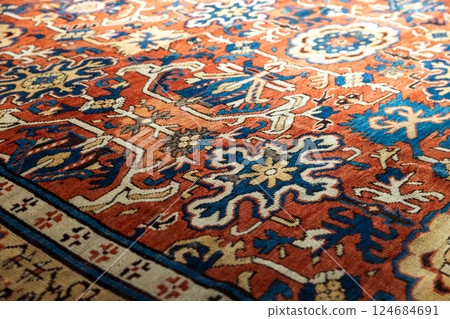 Antique handmade wool carpet made in Azerbaijani, close-up photo 124684691