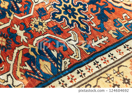 Vibrant oriental carpet showcasing detailed floral and geometric designs Vibrant oriental carpet showcasing detailed floral and geometric designs 124684692