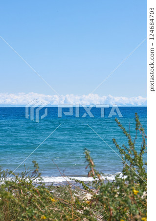 Wild coast of southern shore of Lake Issyk-Kul, summer vacation in Kyrgyzstan 124684703