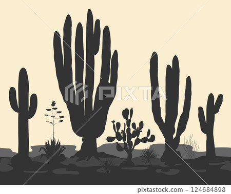 Desert seamless pattern with black cacti silhouettes. Wild American West landscape. Vector illustration. Desert seamless pattern with black cacti silhouettes. Wild American West landscape. Vector illustration. 124684898