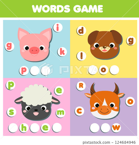 Farm animals. Write missing letters and complete words. Crossword for kids and toddlers. Educational children game. Farm animals. Write missing letters and complete words. Crossword for kids and toddlers. Educational children game. 124684946