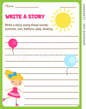 Writing prompt for kids blank. Educational children page. Develop fantasy and writing stories skills. Writing prompt for kids blank. Educational children page. Develop fantasy and writing stories skills. 124684947
