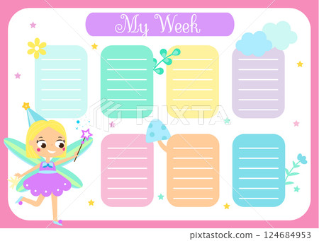 Weekly planner, school timetable template with cute flying fairy. Kids schedule vector design for children Weekly planner, school timetable template with cute flying fairy. Kids schedule vector design for children 124684953