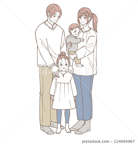 An illustration of a friendly family of four standing 124684967