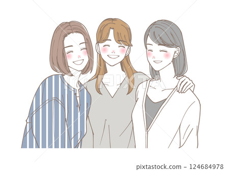三位友善的女人帶著微笑地互相看著 三位友善的女人帶著微笑地互相看著 124684978