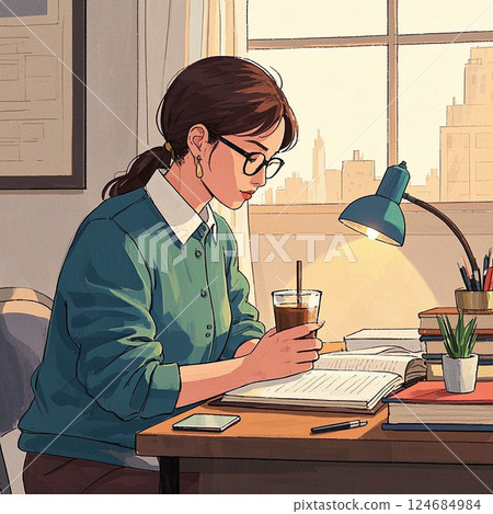 Woman reading while drinking coffee 124684984