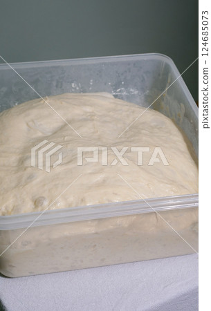 Bread Dough Rising in Plastic Container 124685073