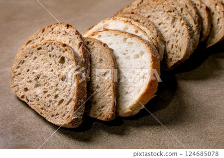 Sliced Artisan Bread On Brown Surface Sliced Artisan Bread On Brown Surface 124685078