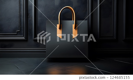 A sleek black paper bag with minimalist handles on a black background, flat vector style, ideal for invitations 124685155