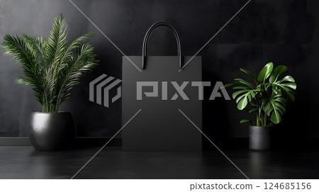 A sleek black paper bag with minimalist handles on a black background, flat vector style, ideal for invitations 124685156