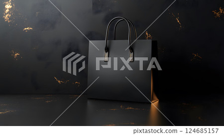 A sleek black paper bag with minimalist handles on a black background, flat vector style, ideal for invitations 124685157
