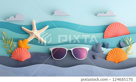 Creative flat lay featuring sunglasses, hat, and starfish over sandy background 124685170
