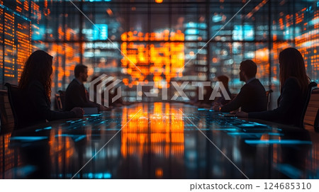 Corporate leaders engaged at a roundtable, cooperative atmosphere with futuristic blurred graphics behind 124685310