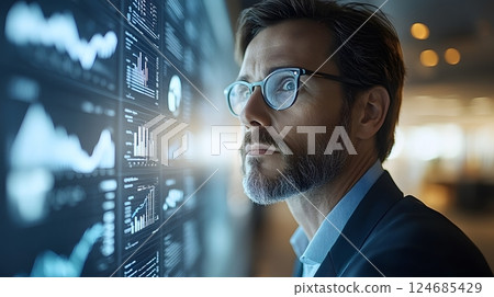 Business strategist creating a detailed growth roadmap with data insights and financial projections on a digital board 124685429