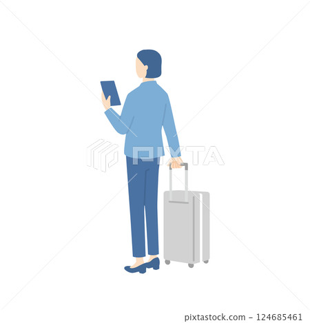 Rear view of a business person holding a suitcase and looking at a smartphone 124685461