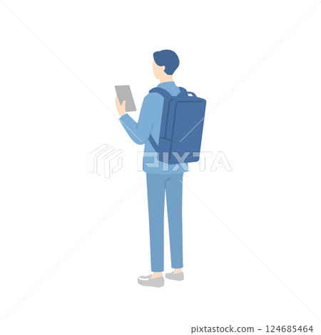 背著背包的商人在檢查他的智慧型手機的後視圖 背著背包的商人在檢查他的智慧型手機的後視圖 124685464