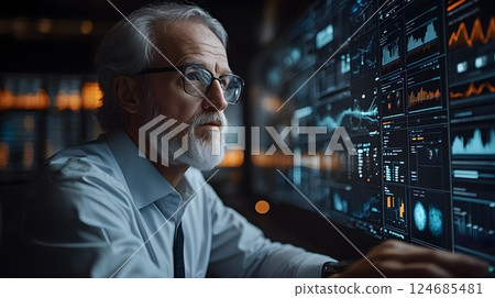 Business leaders emphasizing the importance of digitalization with futuristic holograms and smart systems, wide angle Business leaders emphasizing the importance of digitalization with futuristic holograms and smart systems, wide angle 124685481