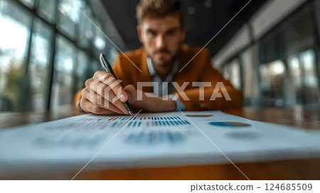 Business analyst crafting a strategic plan for company growth using charts and data-driven insights in a clean workspace Business analyst crafting a strategic plan for company growth using charts and data-driven insights in a clean workspace 124685509