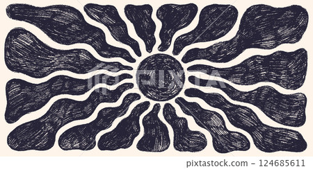 Groovy sun with wavy rays and crayon style texture, Abstract retro summer sun background Groovy sun with wavy rays and crayon style texture, Abstract retro summer sun background 124685611