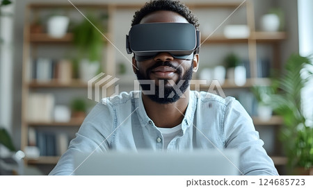 A hybrid office with employees engaging in virtual reality tools for collaboration, dynamic and tech-forward, wide view 124685723