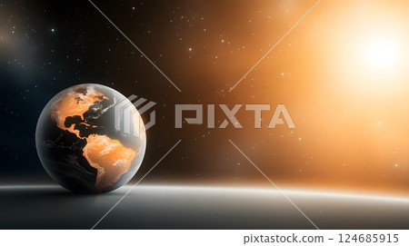 Earth and Sun alignment at perihelion point, vibrant solar energy depicted in a detailed space scene 124685915