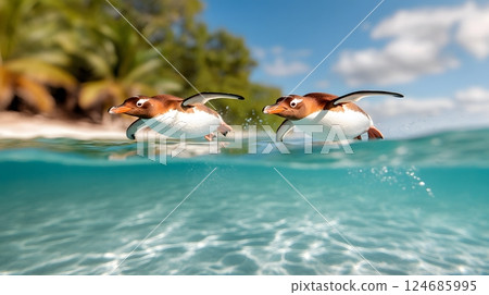 Penguins diving into crystal-clear water, capturing their playful behavior for National Penguin Day 124685995
