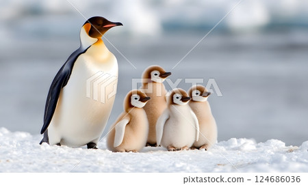 Emperor penguins and chicks nestled in the snow, endearing National Penguin Day atmosphere 124686036