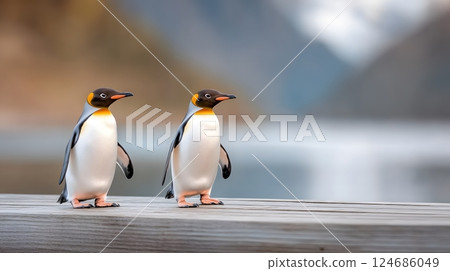 Penguins interacting in their natural habitat, snowy mountains in the distance, National Penguin Day theme 124686049