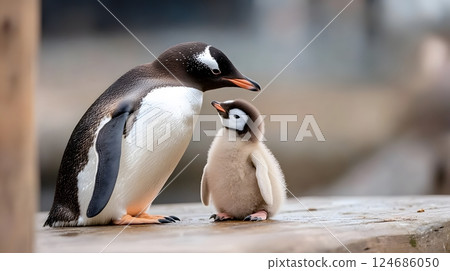 Adorable penguin chick sheltered by an adult, National Penguin Day celebration of care 124686050