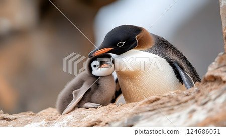 Adorable penguin chick sheltered by an adult, National Penguin Day celebration of care 124686051