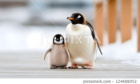 Adorable penguin chick sheltered by an adult, National Penguin Day celebration of care 124686052